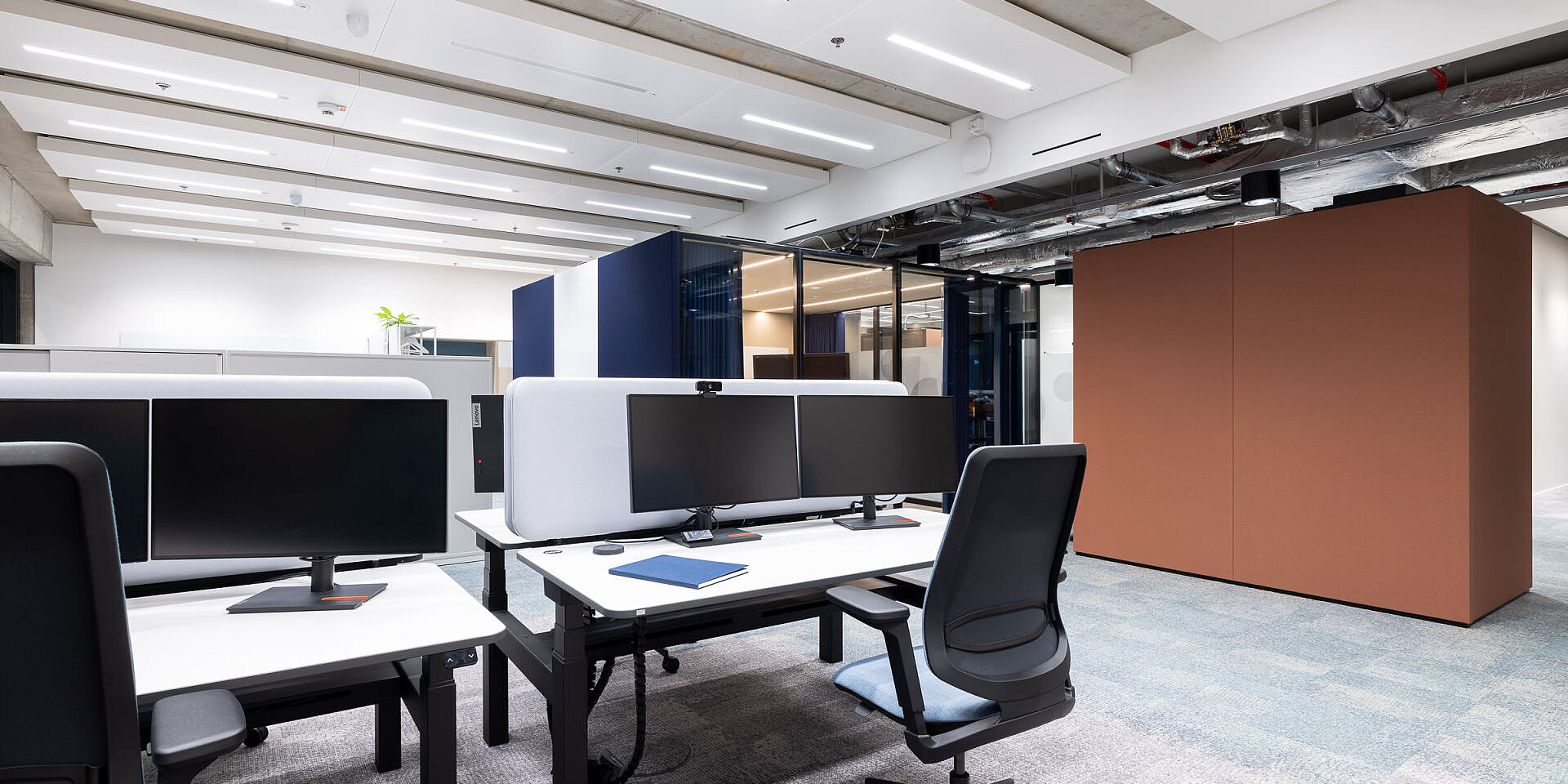 Helle Büroarbeitsplätze bei Veolia mit höhenverstellbaren Doppelbenches 'temptation smart twin' und ergonomischen se:flex Drehstühlen mit Gewichtsautomatik.