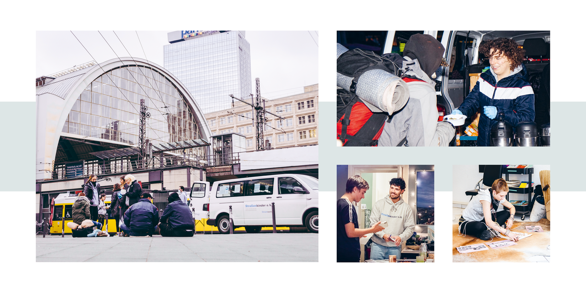 #dranbleiben – support in crisis situations Group of people sitting on the sidewalk near a large arched train station entrance with vehicles and city buildings in the background; smaller images show interactions between adults and children in indoor and vehicle settings.
