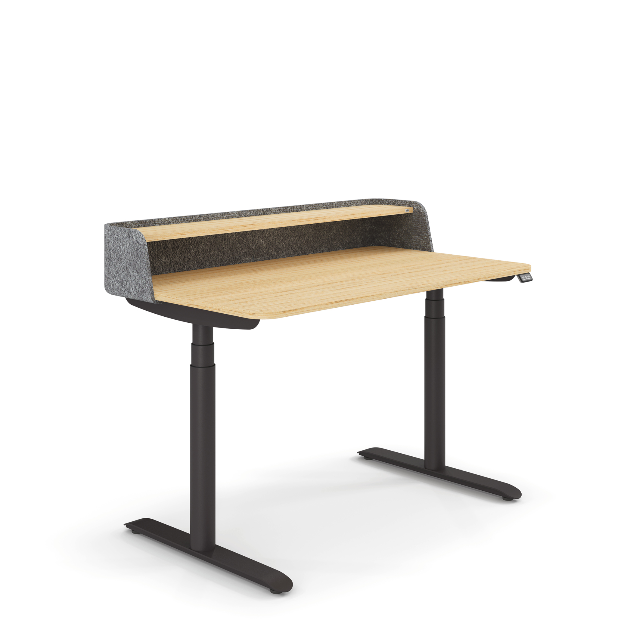 Höhenverstellbarer Schreibtisch Sedus se:desk home mit Holzplatte und grauer Rückwand, schwarzes Metallgestell